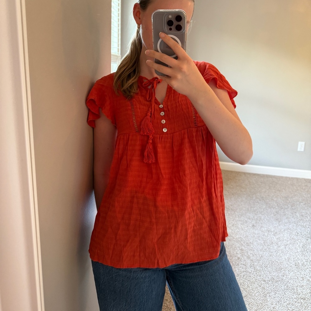 Boutique Brand Orange Flutter Sleeve Blouse with Tie Front